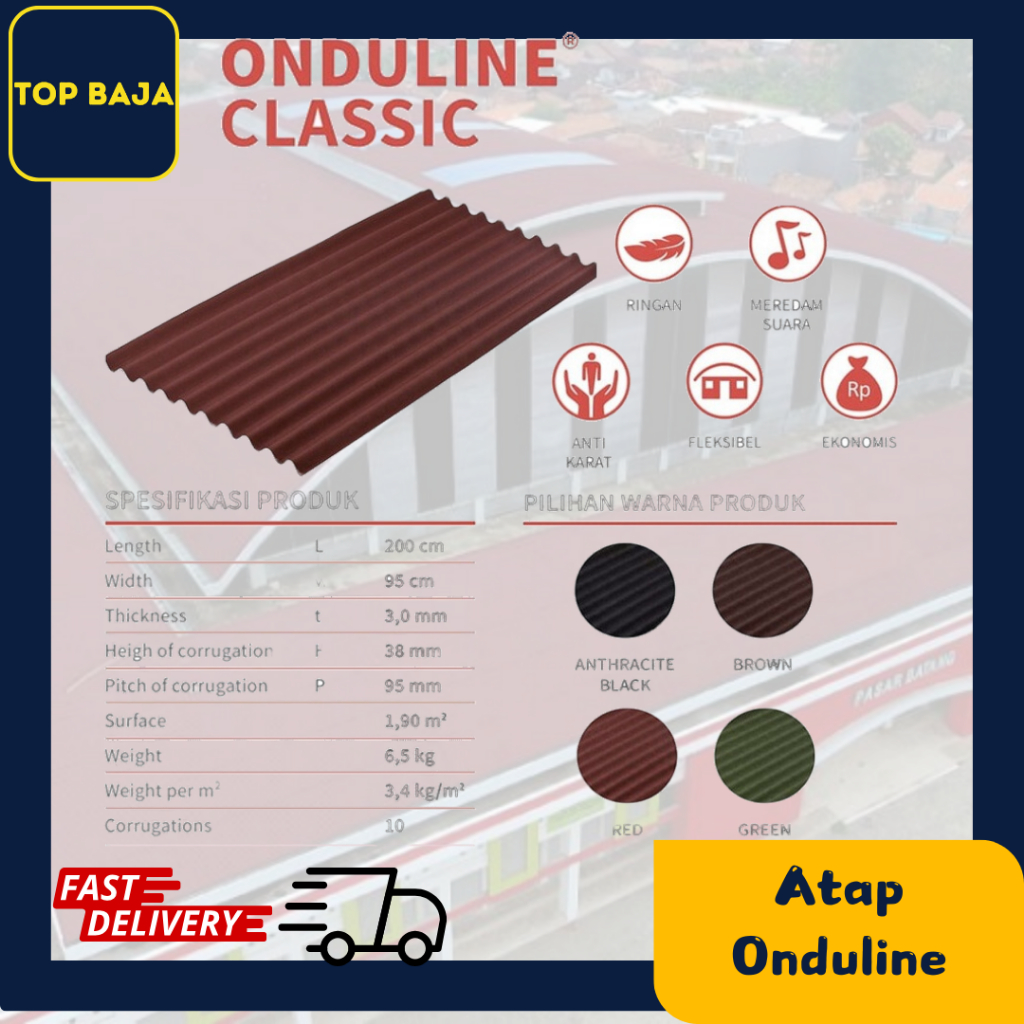 Onduline Genteng Tile Atap Bergelombang Bitumen Classic 95cm X 200cm Orginal warna Merah, Hitam, Cok