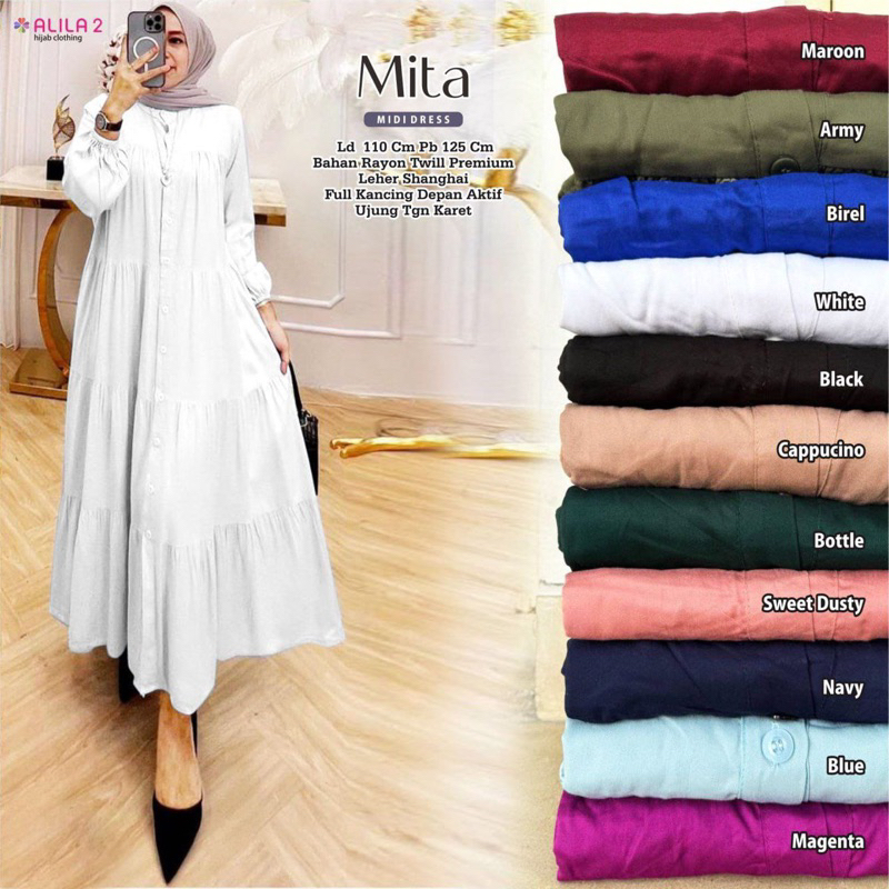 CALLIANA -Midi dress Mita Bahan Rayon Twil Premium Leher sanghai Fashion muslim Lebaran Fashion keki