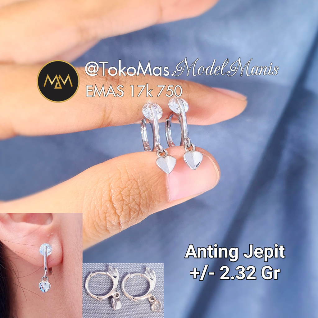 Anting Jepit Gantung Love Emas Putih 750 Kadar 17k