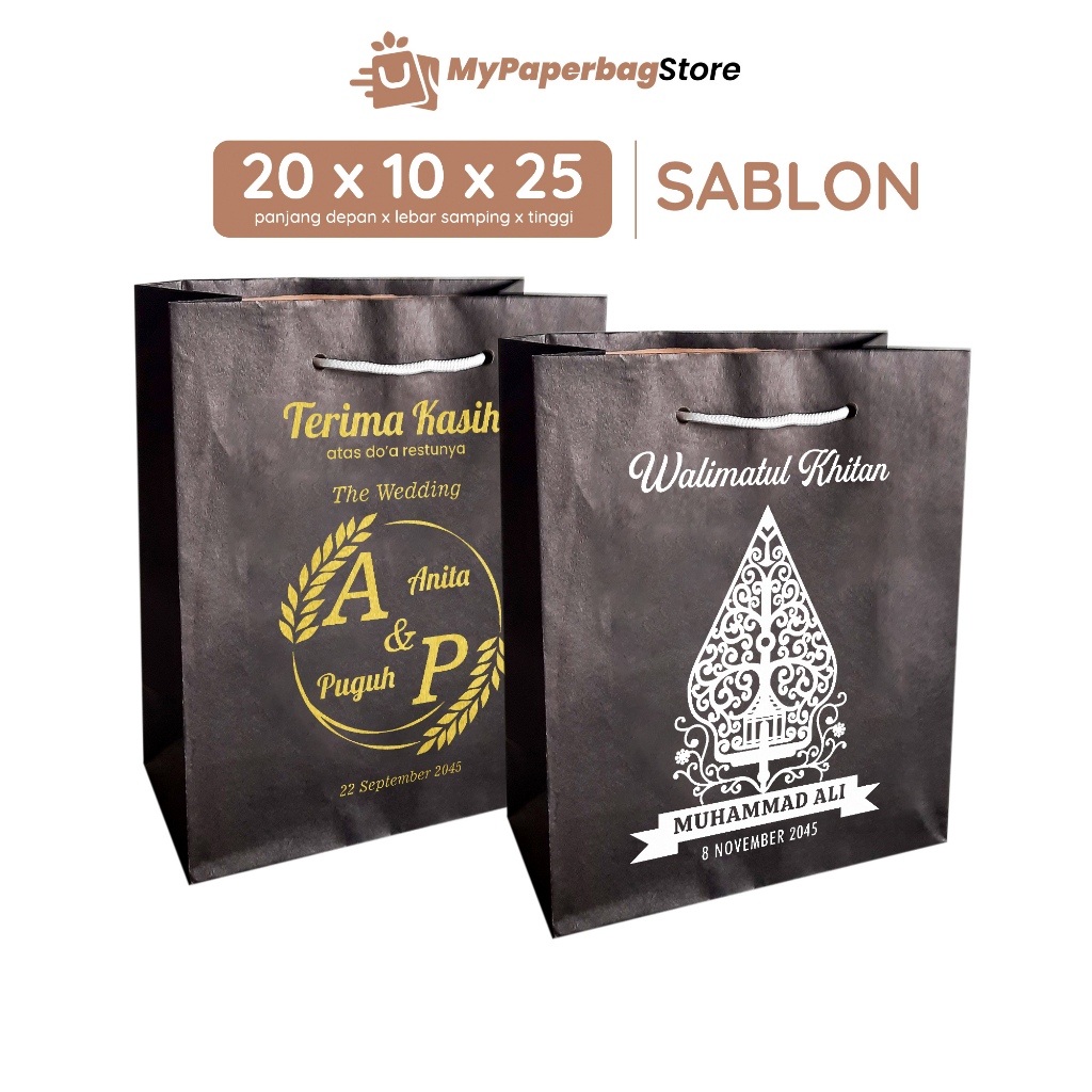 

Paperbag Sablon Tas Kertas Hitam Ukuran 20x10x25 (R6) / Tas Souvenir Paper Bag Songgong Hajatan