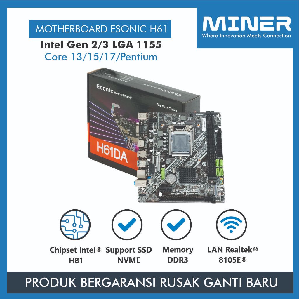 MINER Motherboard H61 Esonic Processor Intel Gen 2/3 LGA 1155 Core I3/I5/I7/Pentium