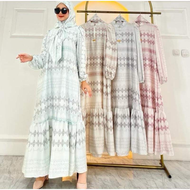 Gamis Armany brown digital motif NGULAWIT UMPAK SATU set hijab