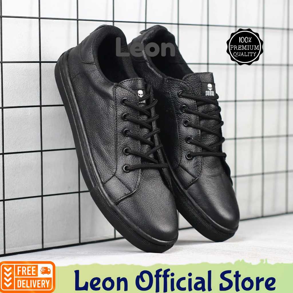 Sepatu Sneakers Formal Casual Hitam Pria Kulit Asli Ataris Slim Low Black Original Leon Ataris