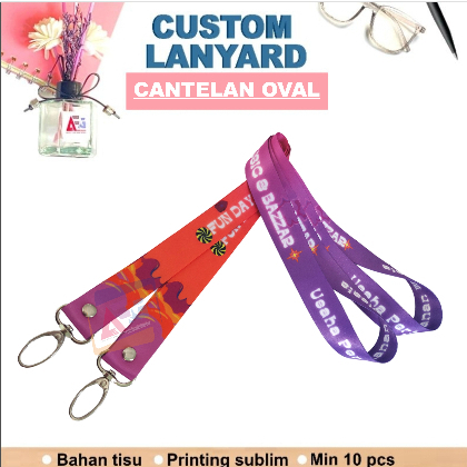 

Tali lanyard id card custom 2 cm 2 sisi cantelan oval/cetak lanyard custom printing bahan tisu/gantungancantelan oval