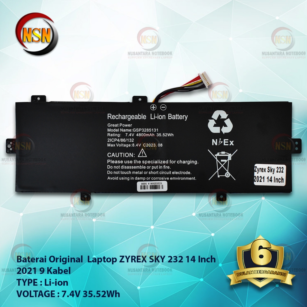 Baterai Laptop Original Zyrex SKY 232 2021 9 Kabel 7.4V 35.52Wh