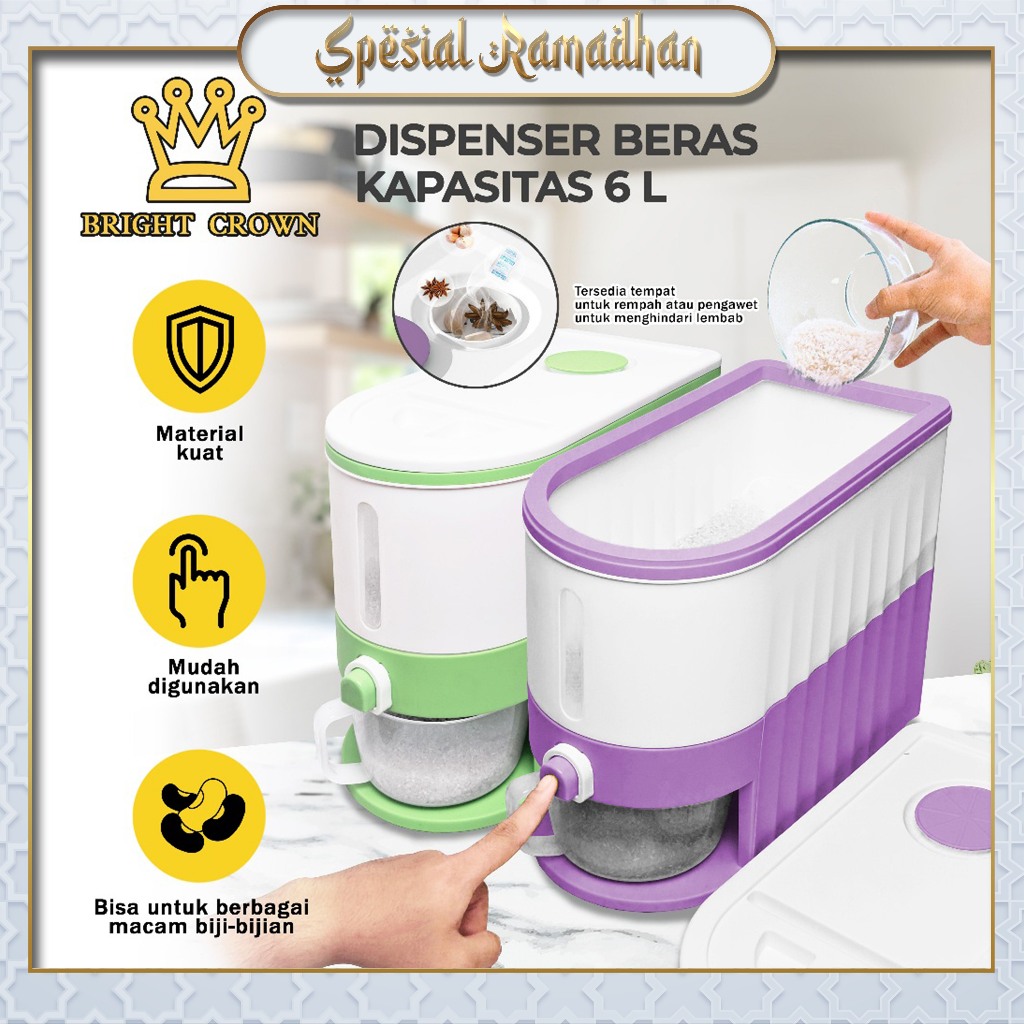 Bright Crown Dispenser Beras Kapasitas 6 Liter FREE Wadah Pengering Beras / Tempat Penyimpanan Beras Rice Dispenser