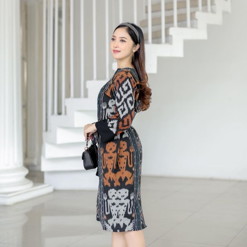 Dress tenun warna hijau motif etnik toraja sumba ntt ntb / dress tenun etnik wanita / atasan batik w