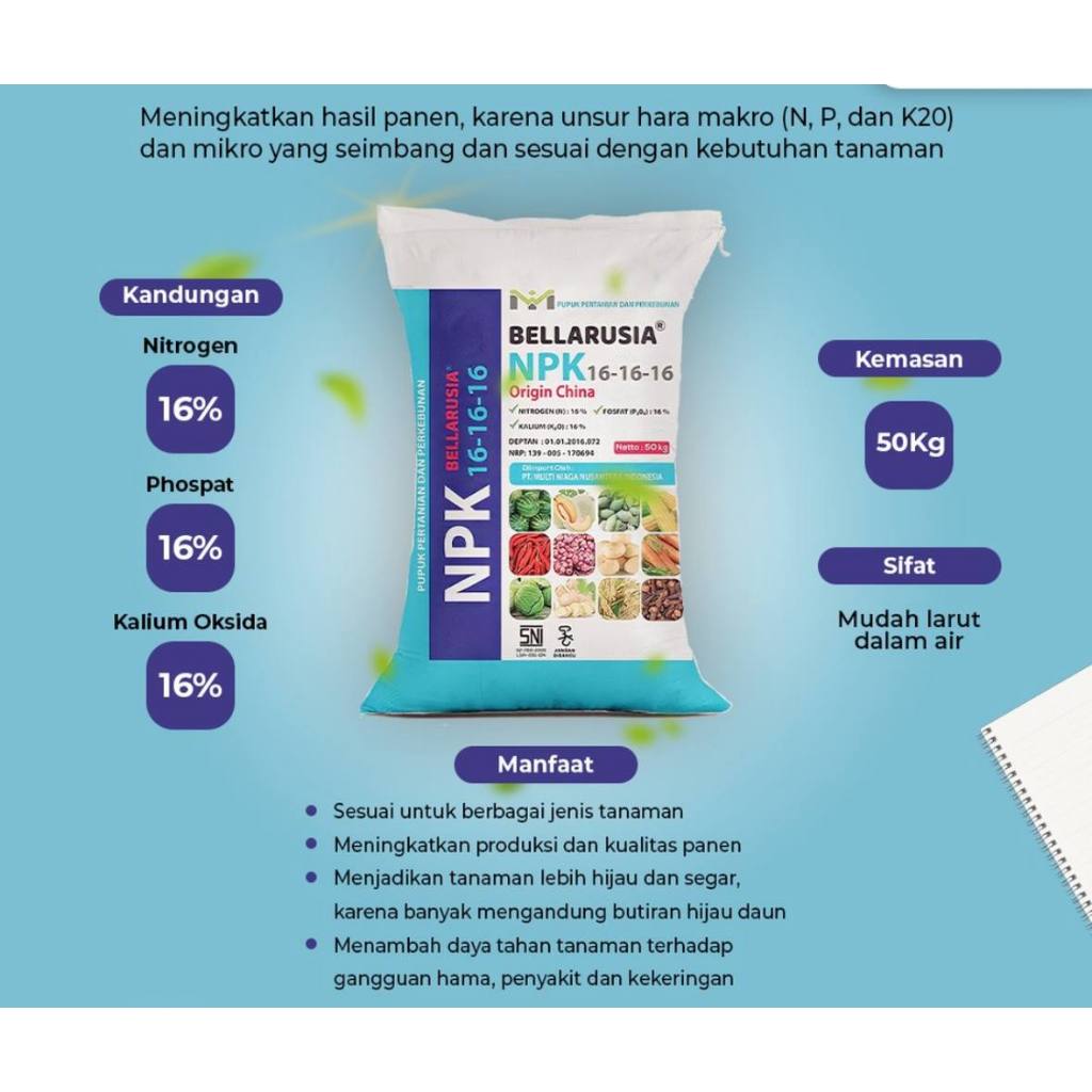 Repack 1KG-Pupuk PREMIUM NPK BELARUSIA 16-16-16 - pupuk untuk menyuburkan Sayur, bunga dan buah