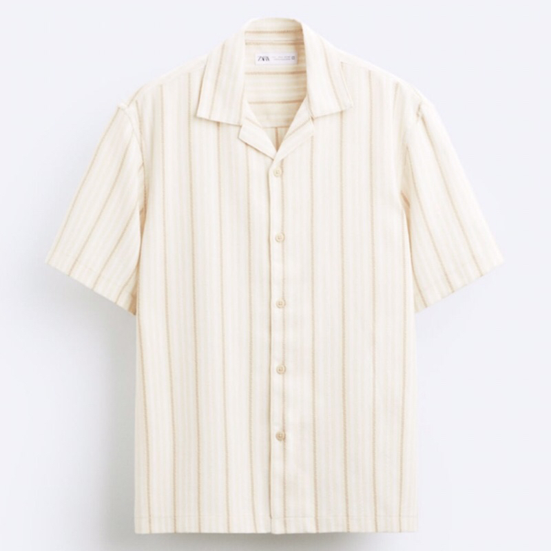 ZARA Men Striped Shirt Kemeja Pria Lengan Pendek Ecru
