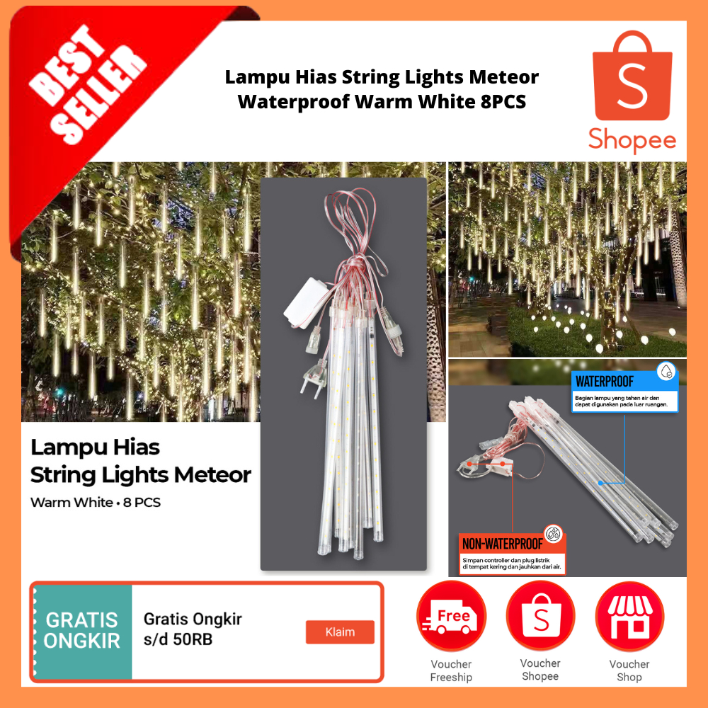 Lampu Hias String Lights Meteor Waterproof Warm White 8PCS / Lampu Hujan Meteor LED, Lampu Tali Peri