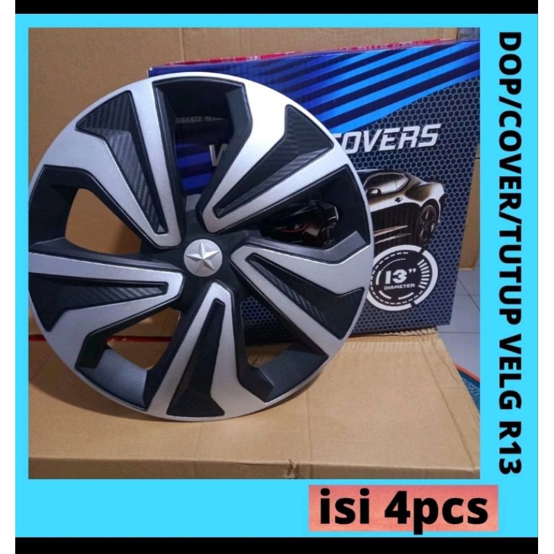 Wheeldop Dop Velg Cover penutup Dop Ring 13 Hitam list silver Kipas 4pcs
