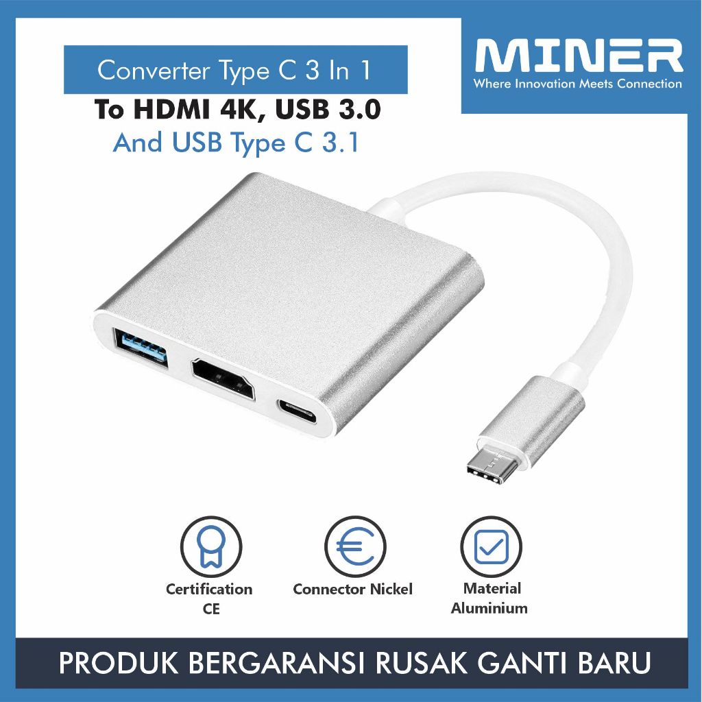 MINER Converter Type C to HDMI 4K, USB 3.0, and USB-C 3.1 High Quality