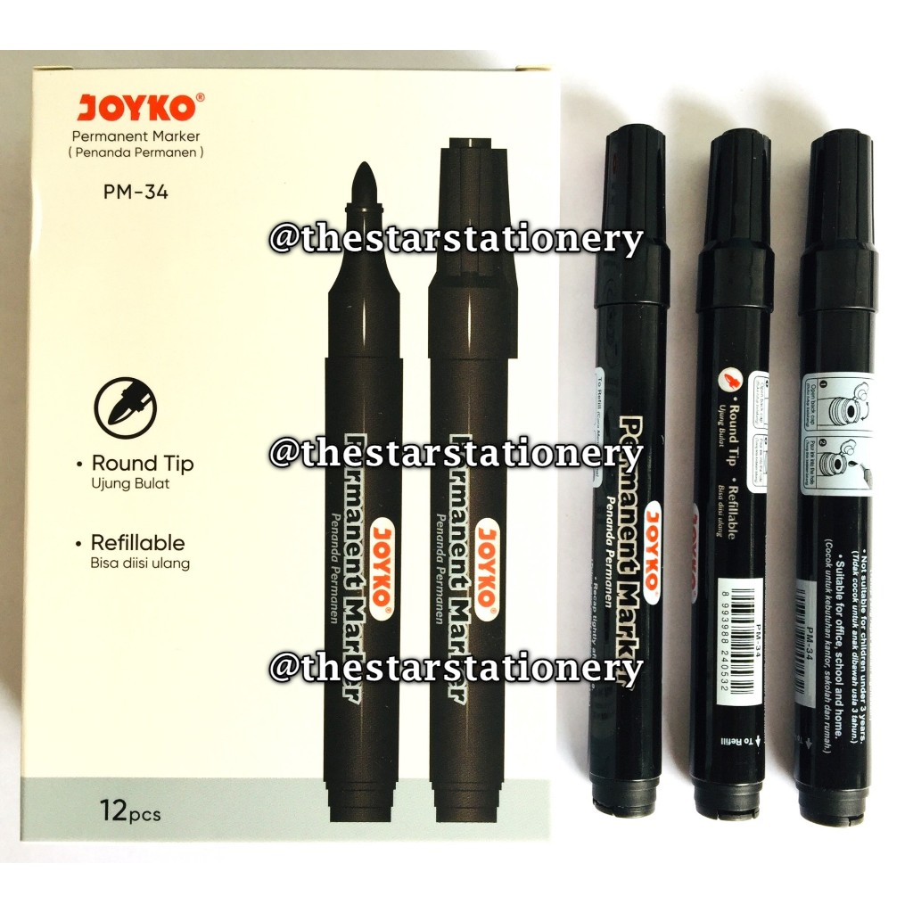 

(1 Biji) GROSIR Permanent Marker Joyko PM-34 Hitam / Spidol Permanen Round Tip Joyko Refillable