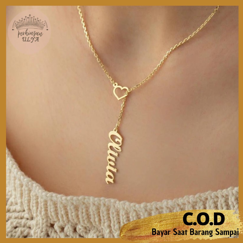 PERHIASAN AKSESORIS KALUNG NECKLACE LIONTIN BANDUL LOVE CUSTOM UKIR NAMA HURUF INISIAL VERTIKAL TITA