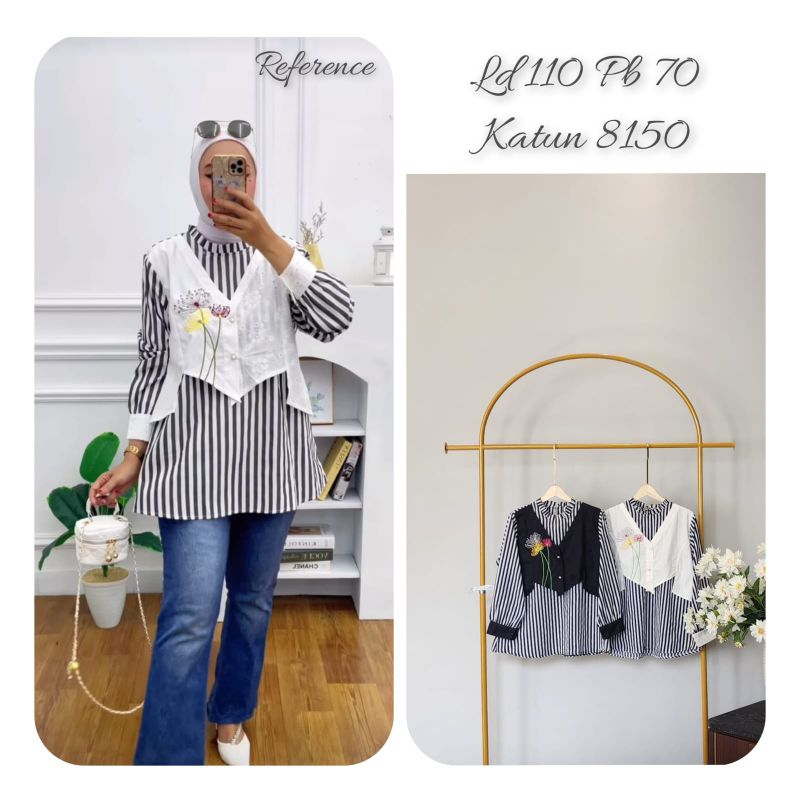 Baju wanita atasan kemeja motif garis blouse wanita katun baju formal