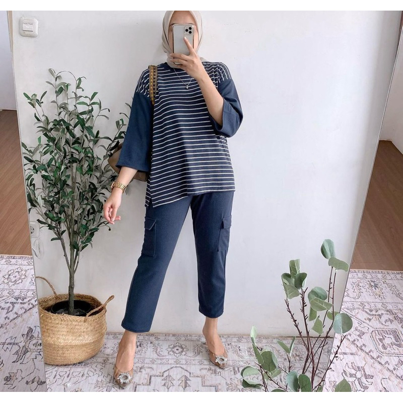 Set JC805-71 || Setcel knit cargo wanita || Setcel salur best seller || set import