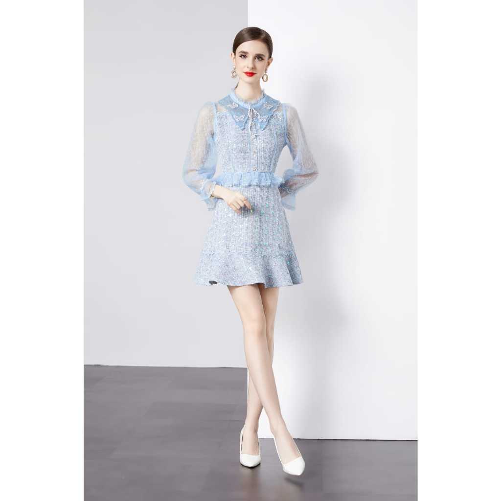 Londoners - Premium Korean Soft Blue Mini Dress | Dress Korea Biru Muda Mewah Wanita