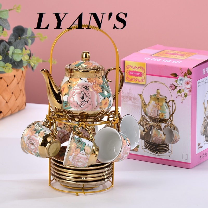 Hampers Cangkir Set Keramik Mewah ROSETTE Teko Tatakan Souvenir Pajangan Set Gelas Mug Teh Kopi
