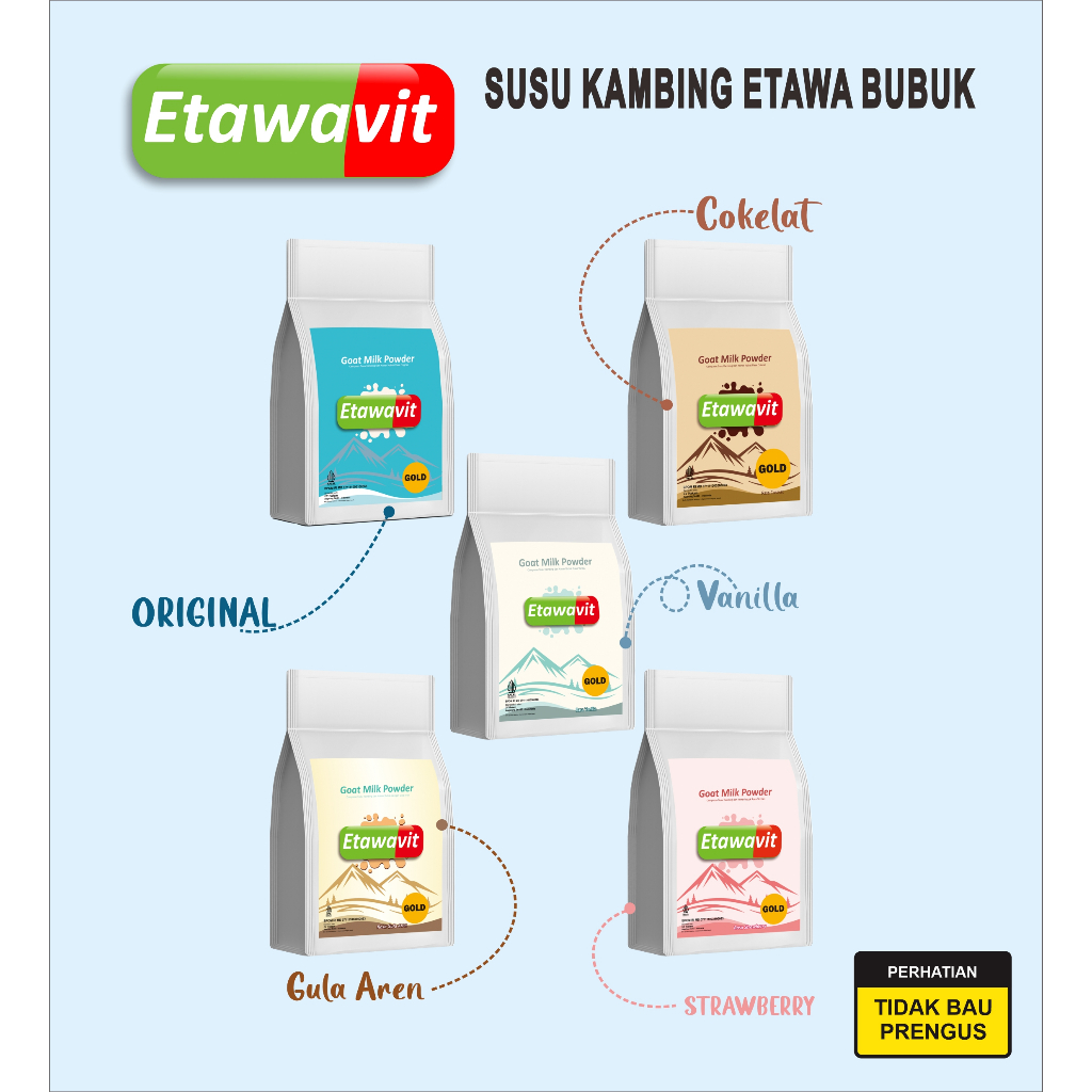 

Susu Kambing Etawavit all varian 200 gr - Susu kambing Bubuk - mengandung 60% susu kambing etawa.