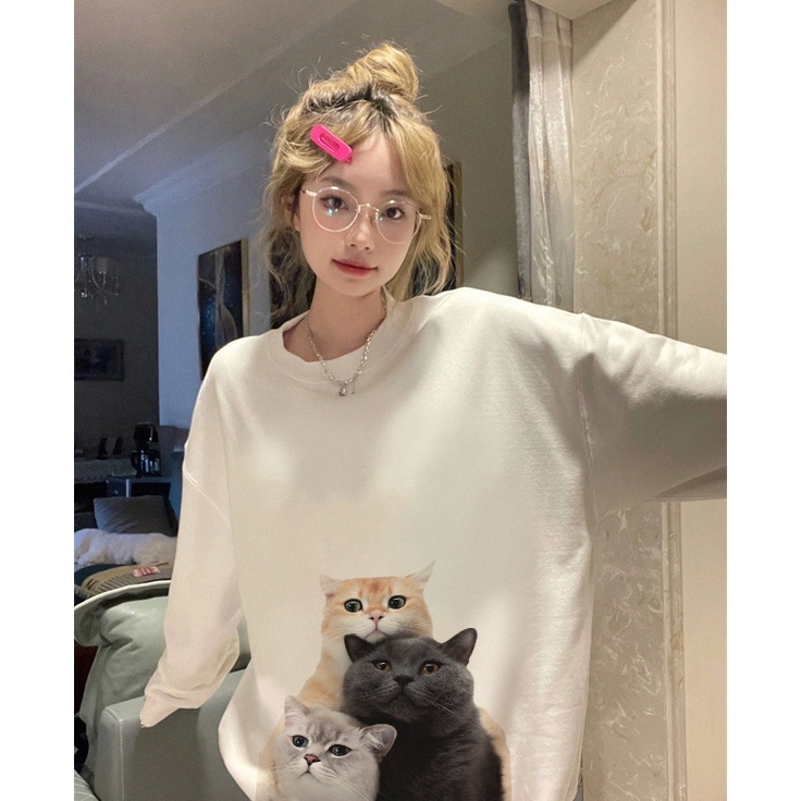 Populer  Sweater Lengan Panjang Tiga Kucing Korean StyleHoodie OversizeSwiter Wanita