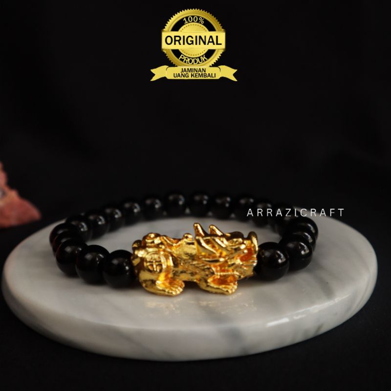 Gelang Piksu Hitam Pria Wanita FENG SHUI Emas