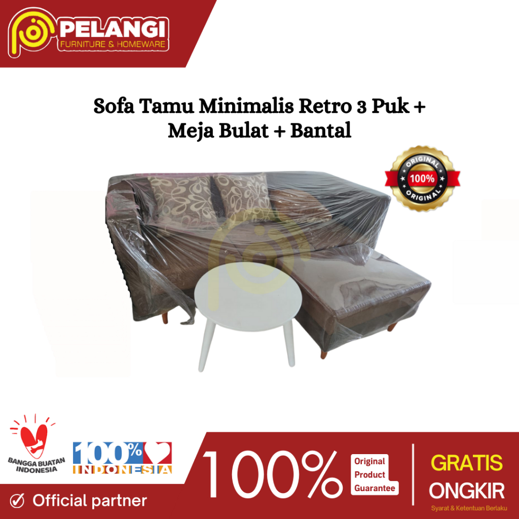 Pelangi Furnihome | Sofa Minimalis Retro 3 Puk + Meja Bulat | Sofa Tamu Minimalis | Sofa Meja Tamu |