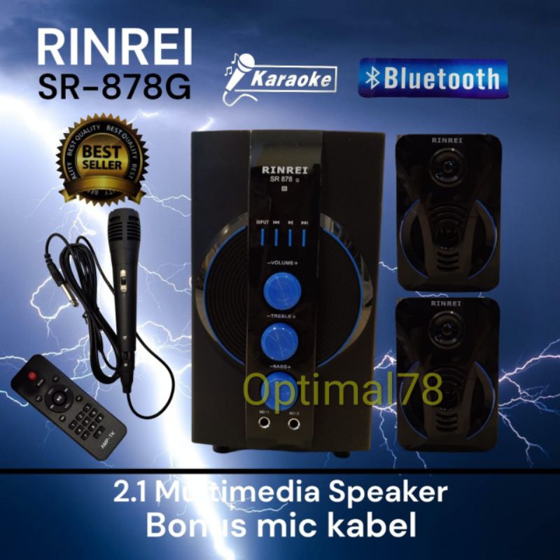 Speaker Aktif 2.1 Multimedia RINREI SR-878G (65Watt) Bluetooth Karaoke + Bonus Mic Kabel