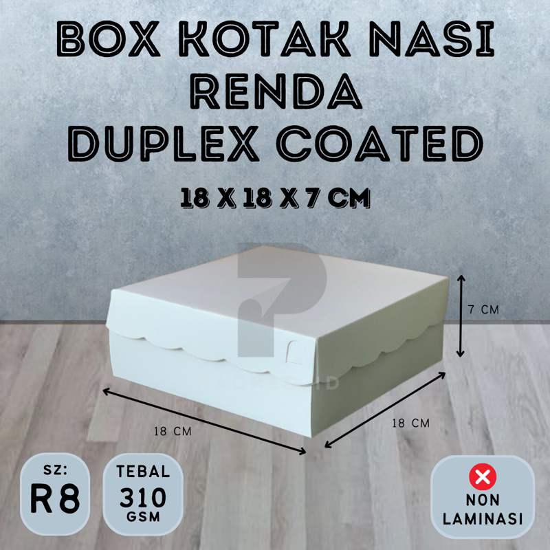 Box Kotak Nasi (R8) Renda Duplex Coated Mengkilap Putih Polos ukuran 18x18x7 cm Ketebalan 310gsm | D