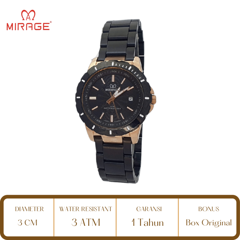 Mirage Watch Official Jam Tangan Wanita Mirage Hitam Rose Gold 8549 BRP L