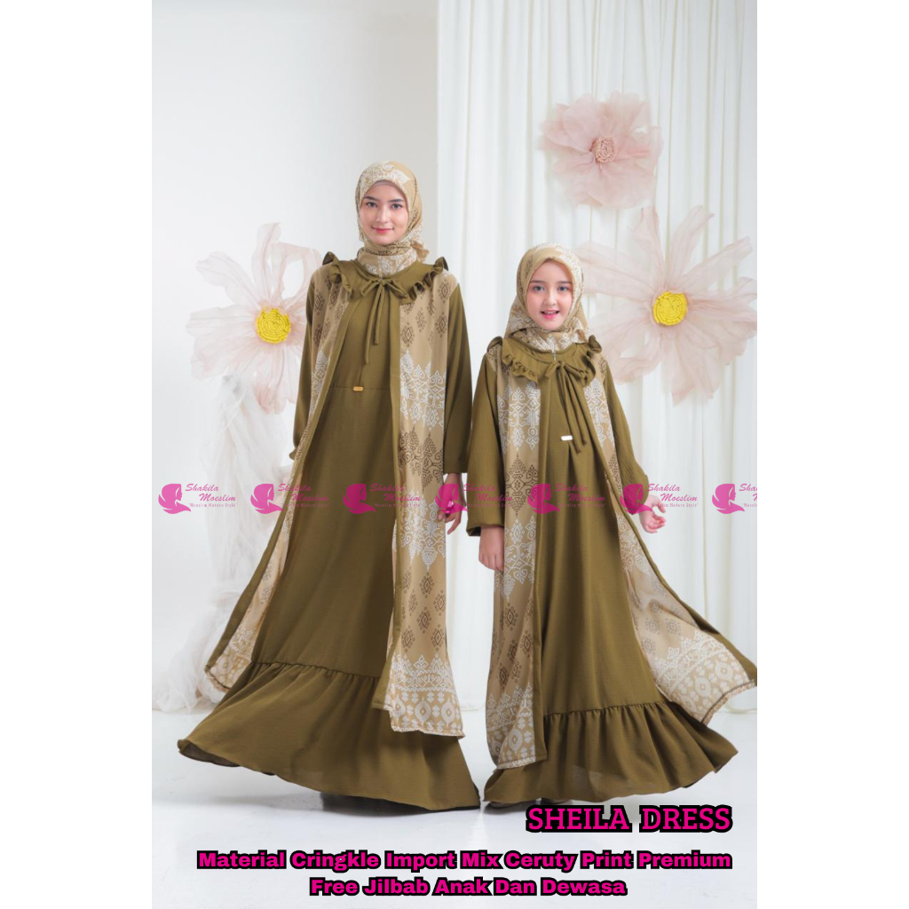 SHEILLA DRESS ( COUPLE ATAU SATUAN )Gamis Couple Ibu dan Anak Perempuan Bahan Crinkle Kombinasi Ceru