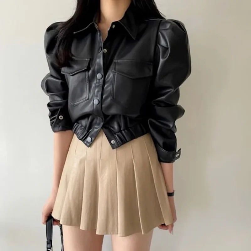 Jaket Kulit Crop  Blazer Zipper Premium Jaket Kulit Polos Hitam Top Pendek Korea Leather Waterproof 