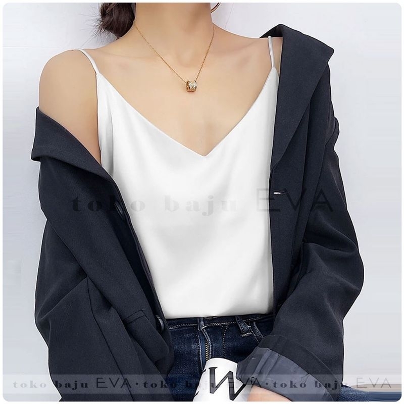inner satin tanpa lengan sleeveless tank top tali tanktop satin blouse satin jumbo kemeja kantor kam
