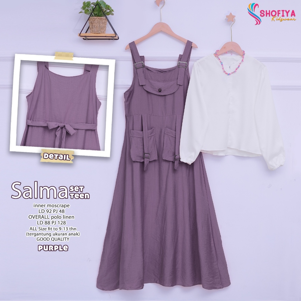 salma gamis dress dres baju pakaian busana overall linen motif polos setelan set 2in1 inner anak kid