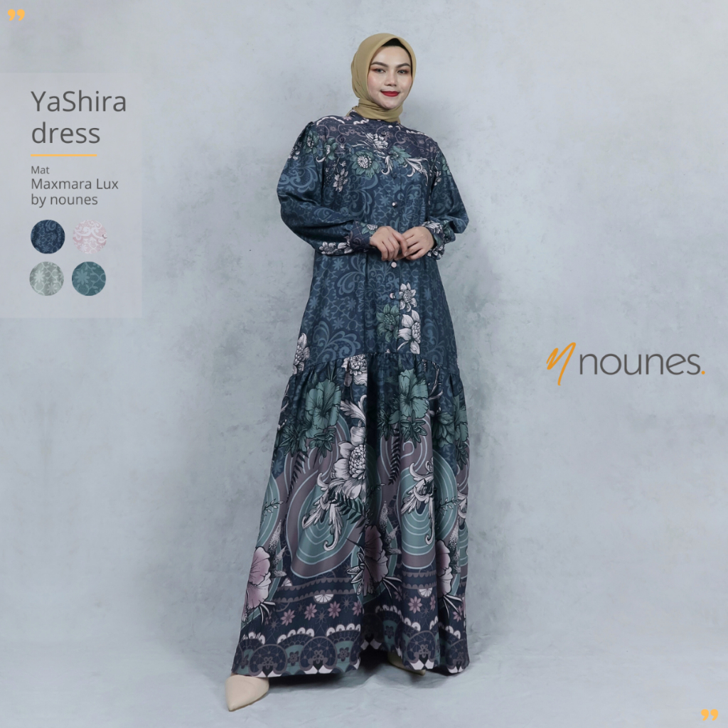 Nounes YaShira Dress Gamis Wanita matt Maxmara Lux Motif Bunga Busui Friendly kerah shanghai