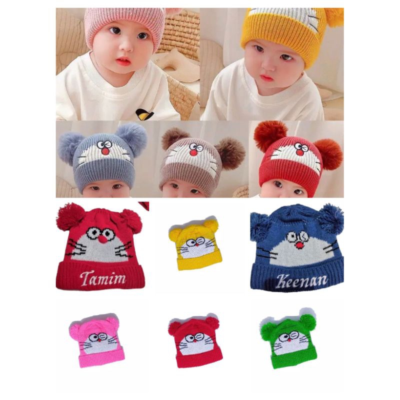 Kupluk Doraemon topi kupluk bayi pompom gratis bordir nama usia 0_1 tahun