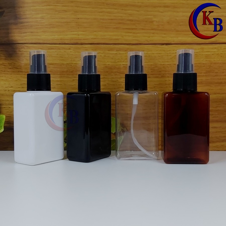 BOTOL KOTAK TREATMENT PUMP 100 ML HALF CAP HITAM / BOTOL PLASTIK PET KOTAK 100ML