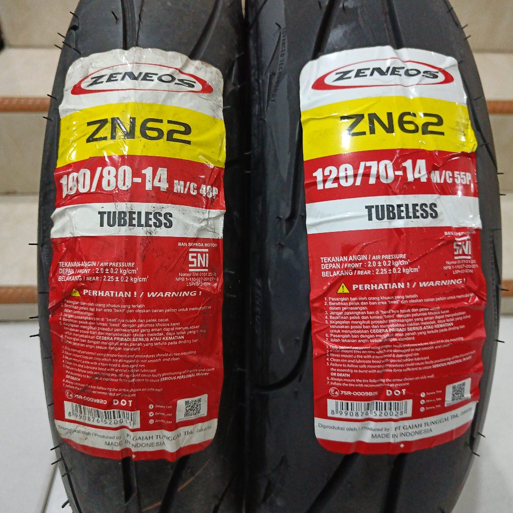BAN TUBELESS 100/80-14 & 120/70-14 ZENEOS ZN62 SEPASANG (+pentil tubeless)