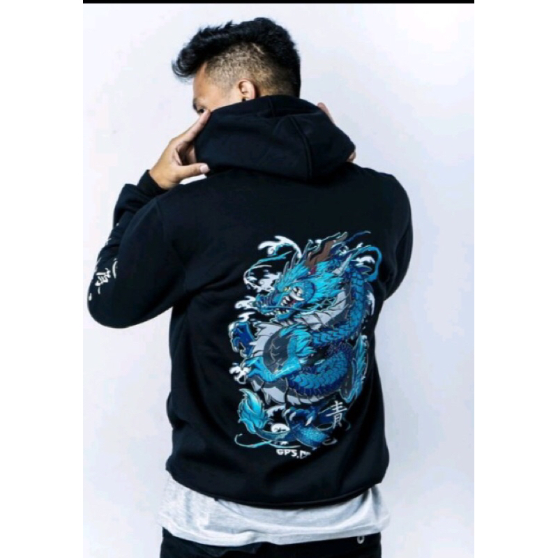 HOODIE JAKET PRIA SIZE L WARNA HITAM NAGA BIRU