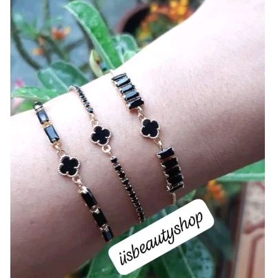 Gelang Tali Serut Gold Batu Hitam Variasi Emas Bunga Semar Nusantara