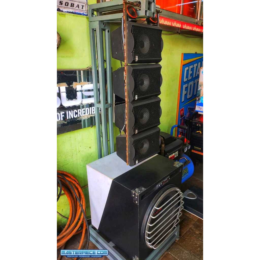 Miniatur Sound System Line Array/ 4 unit Speaker Gantung 4 Inchi Crimson dan 1 unit Subwoofer Embass