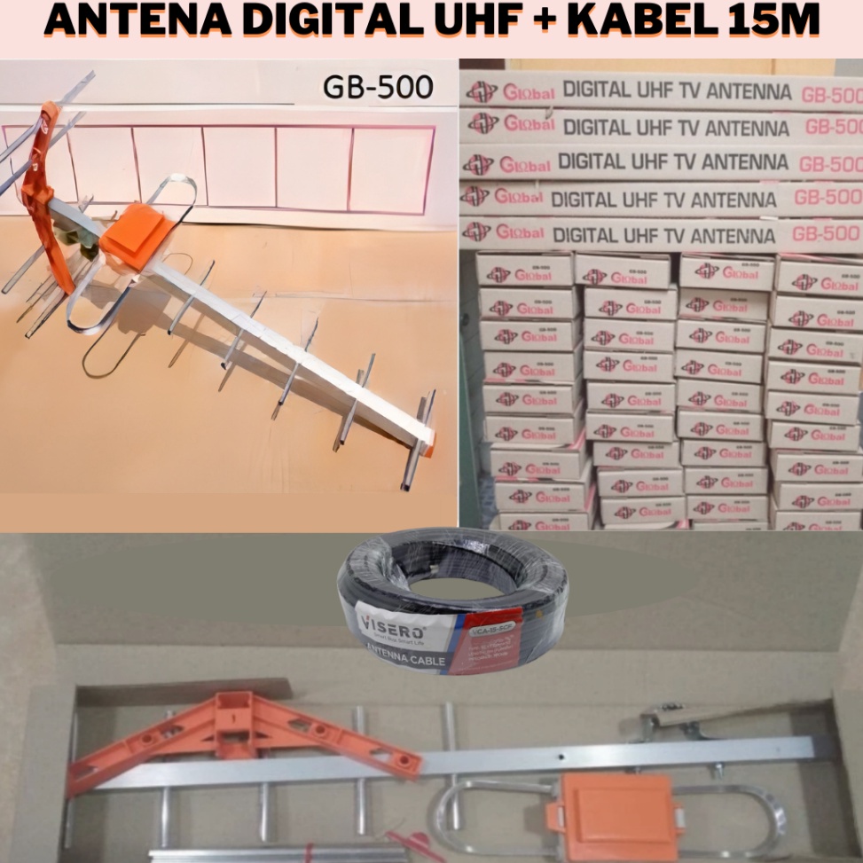 QLm Antenna Digital UHF Global GB5 Original antena TV luar Outdoor GB 5 Kabel 15meter  Stok Banyak