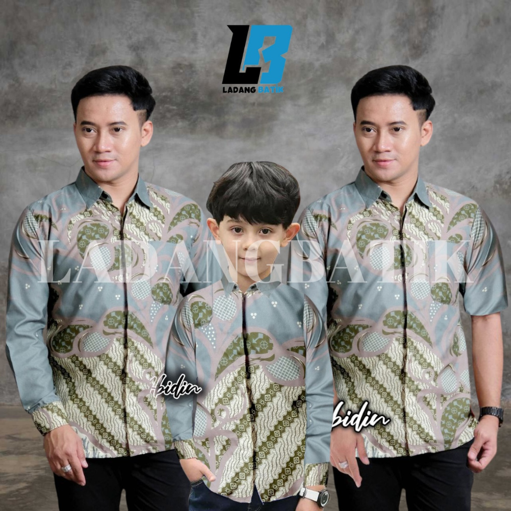 Ladang Batik Couple Ayah dan Anak Laki laki Warna Hijau Mint Motif Ombak Sage - Batik Pria Lengan Pa