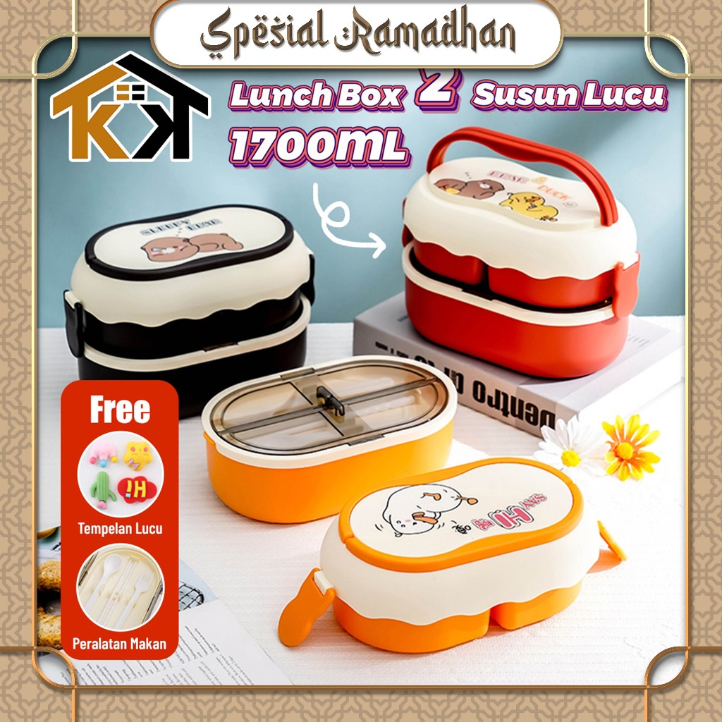 (KK) Lunch Box Lucu Animal 2 Susun Kapsitas 1700ML FREE Tempelan Lucu / Wadah Bekal Anak Sekolah