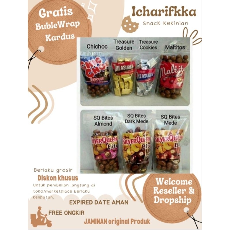 

TERMURAH PROMO DISKON SNACK KILOAN BRANDED ORI Coklat Delfi Silverqueen,Chacha,Treasure,Chicchoc