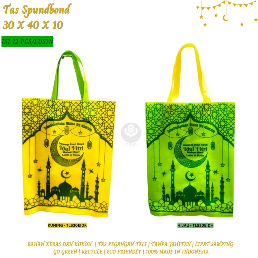 

Tas Kain Spunbond Kantong Belanja Goodie Bag 30x40 Cm (Tls.30EID-Isi 12 Pcs)