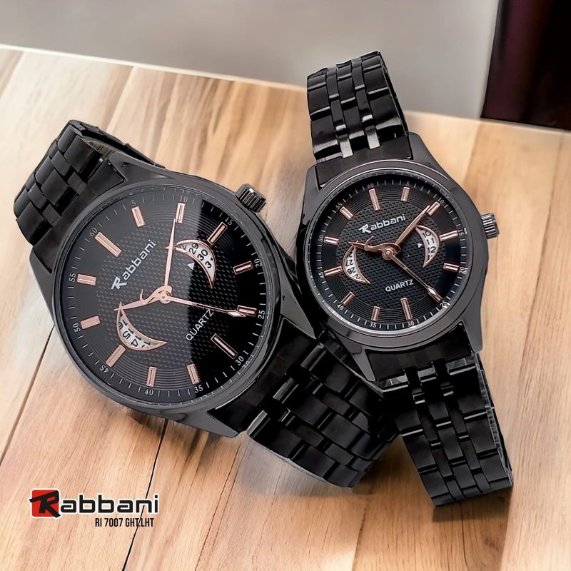 Rabbani 7007 ght/lht, Jam tangan couple, Rantai hitam monochrom, water resistant.