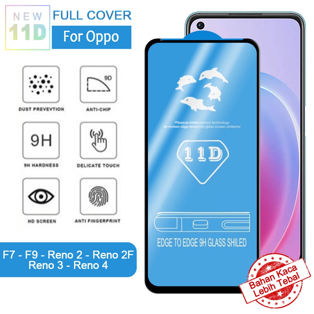 Tempered Glass 11D Full Cover Oppo F7 F9 Reno 2 Reno 2F Reno 3 Reno 4 Pelindung Layar Handphone