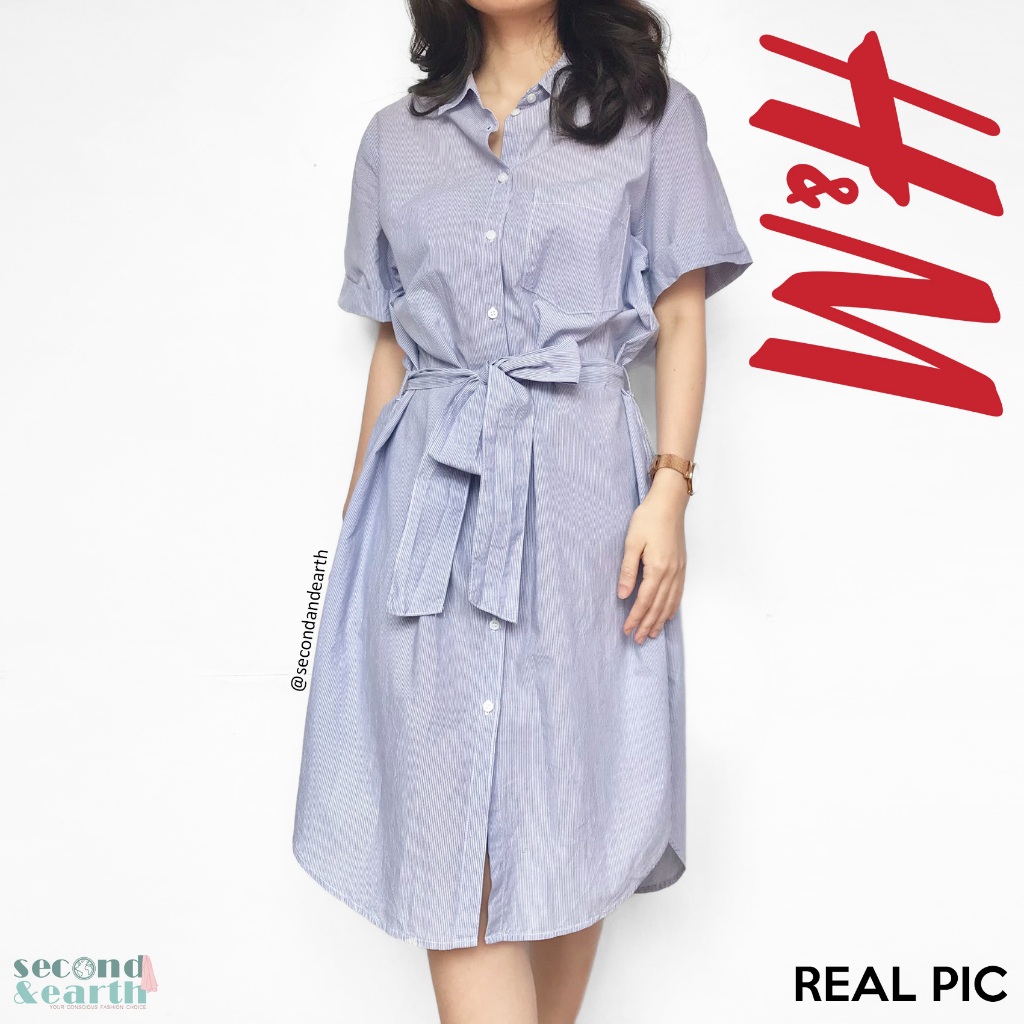 H&M Midi Dress (M-L) Terusan Kerja Wanita Lengan Pendek Dress Kemeja Katun Motif Garis Biru Putih Sh