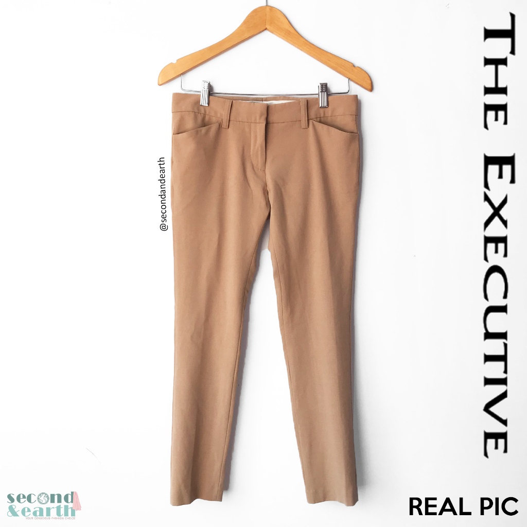 The Executive Pants (S) Celana Kerja Wanita Celana Panjang Lurus Pensil Katun Coklat Polos Low Waist