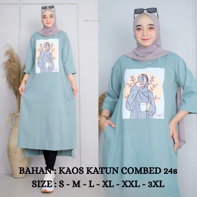 Gamis Kaos Import Premium Adora Midi BO Bahan Kaos Katun Combed 24s Aplikasi Sablon Size S M L XL XX